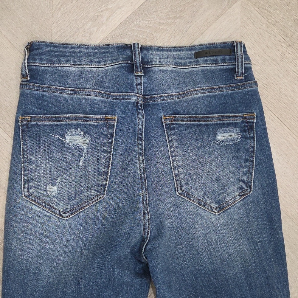 Risen High Rise Flare Distressed Raw Hem Jeans, Size 27/5 - Picture 5 of 8